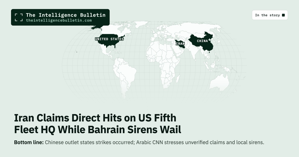 Map of the countries in the story: Iran Claims Direct Hits on US Fifth Fleet HQ While Bahrain Sirens Wail