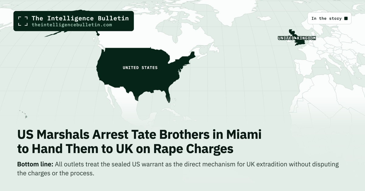 Map of the countries in the story: US Marshals Arrest Tate Brothers in Miami to Hand Them to UK on Rape Charges