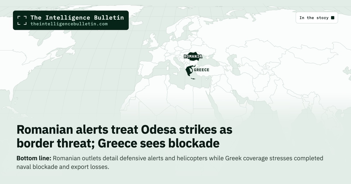 Map of the countries in the story: Romanian alerts treat Odesa strikes as border threat; Greece sees blockade