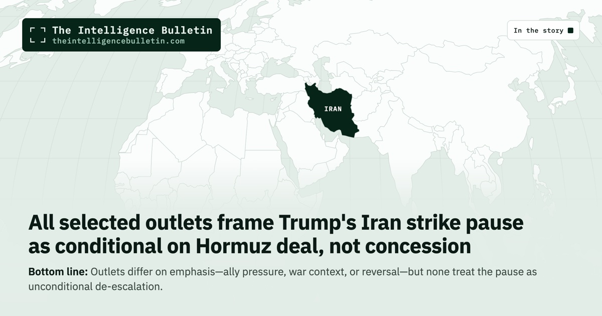 Map of the countries in the story: All selected outlets frame Trump's Iran strike pause as conditional on Hormuz deal, not concession