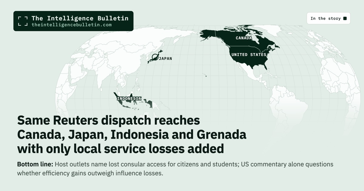 Map of the countries in the story: Same Reuters dispatch reaches Canada, Japan, Indonesia and Grenada with only local service losses added