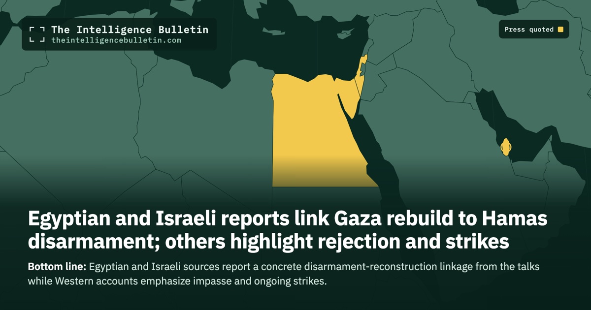 Map of the countries whose press we quoted for: Egyptian and Israeli reports link Gaza rebuild to Hamas disarmament; others highlight rejection and strikes