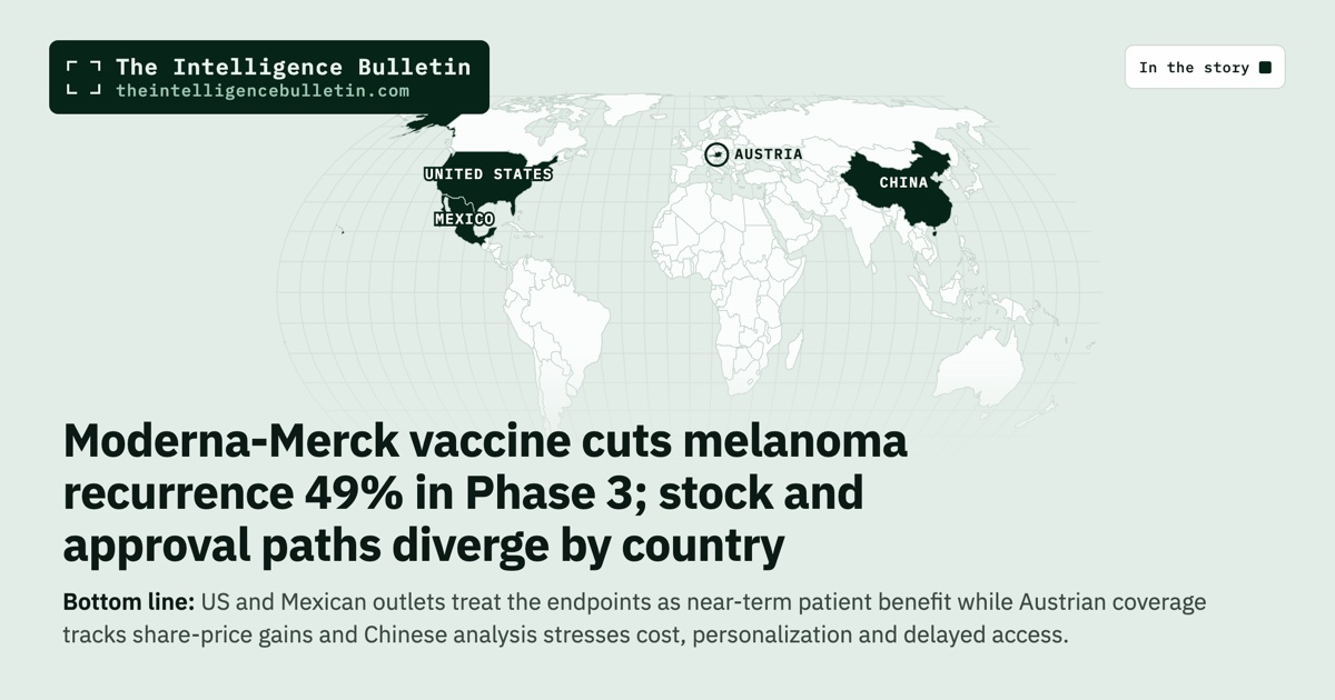 Map of the countries in the story: Moderna-Merck vaccine cuts melanoma recurrence 49% in Phase 3; stock and approval paths diverge by country