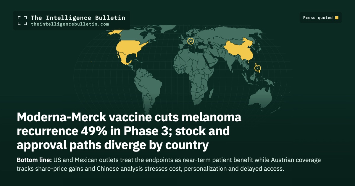 Map of the countries whose press we quoted for: Moderna-Merck vaccine cuts melanoma recurrence 49% in Phase 3; stock and approval paths diverge by country