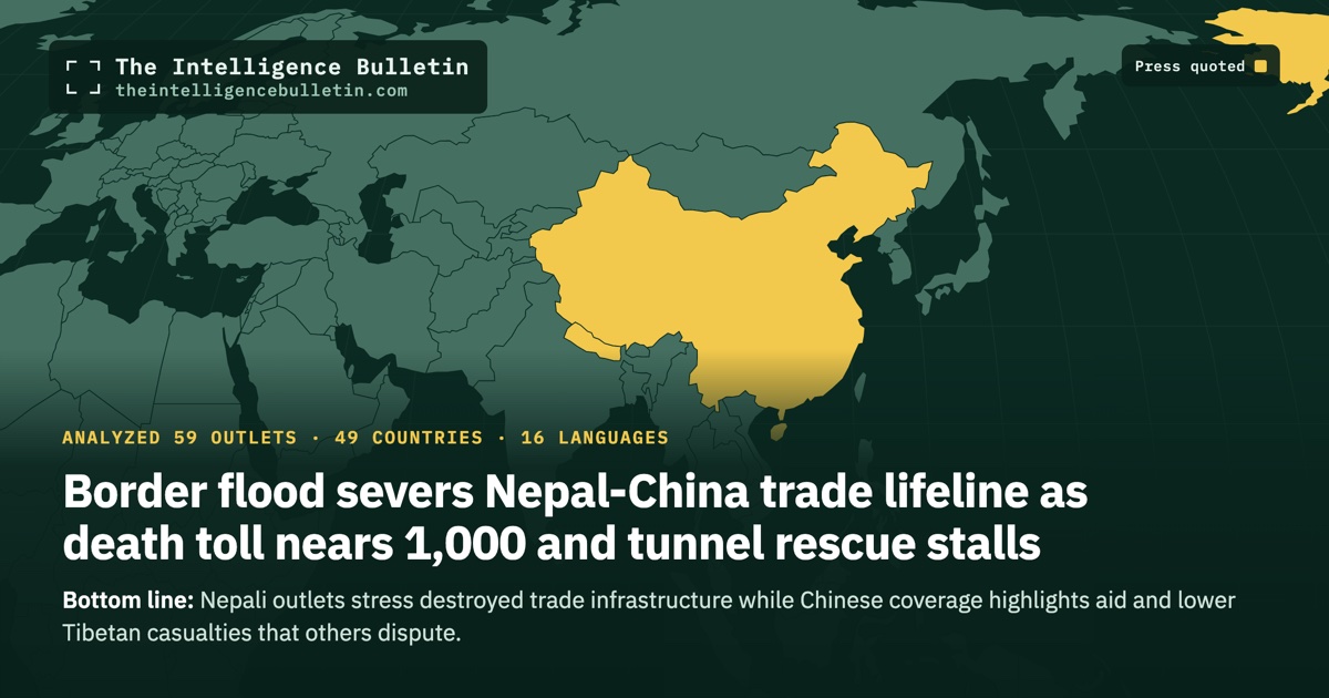 Map of the countries whose press we quoted for: Border flood severs Nepal-China trade lifeline as death toll nears 1,000 and tunnel rescue stalls