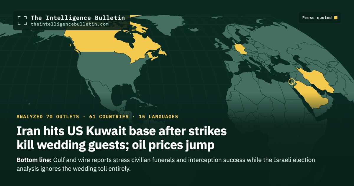Map of the countries whose press we quoted for: Iran hits US Kuwait base after strikes kill wedding guests; oil prices jump