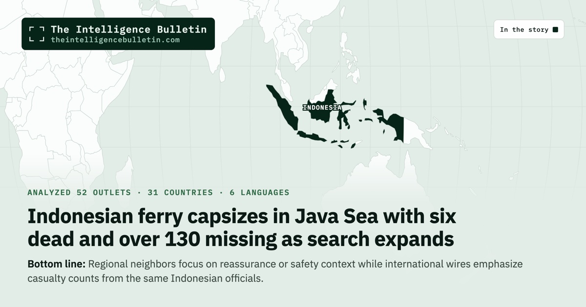Map of the countries in the story: Indonesian ferry capsizes in Java Sea with six dead and over 130 missing as search expands
