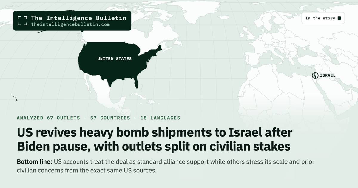 Map of the countries in the story: US revives heavy bomb shipments to Israel after Biden pause, with outlets split on civilian stakes