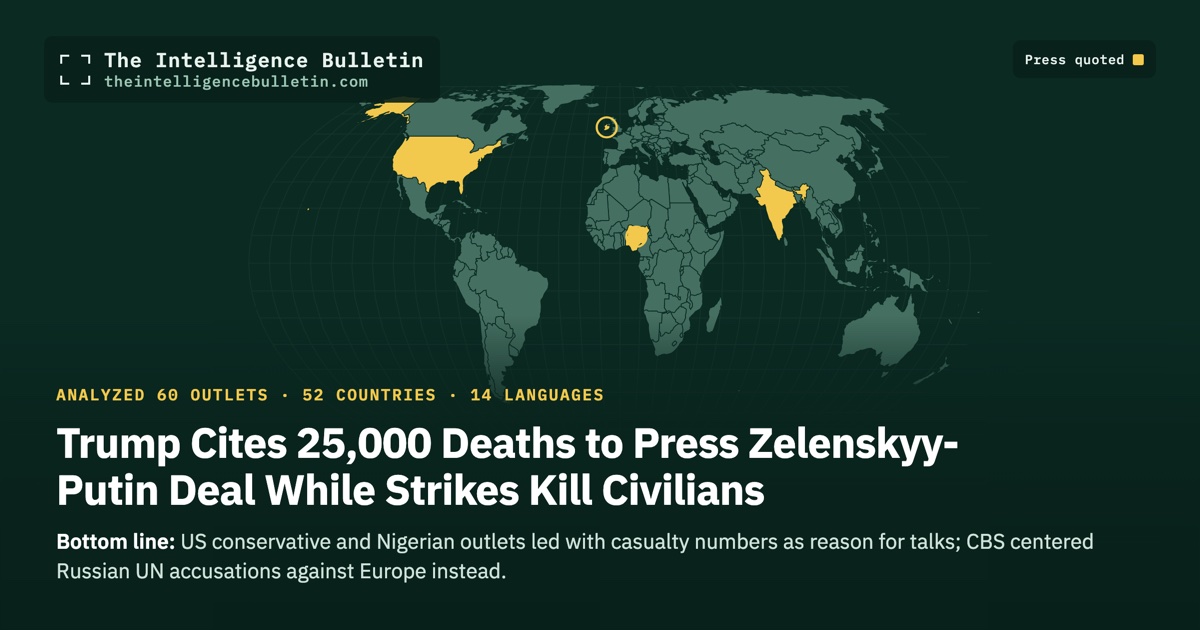 Map of the countries whose press we quoted for: Trump Cites 25,000 Deaths to Press Zelenskyy-Putin Deal While Strikes Kill Civilians