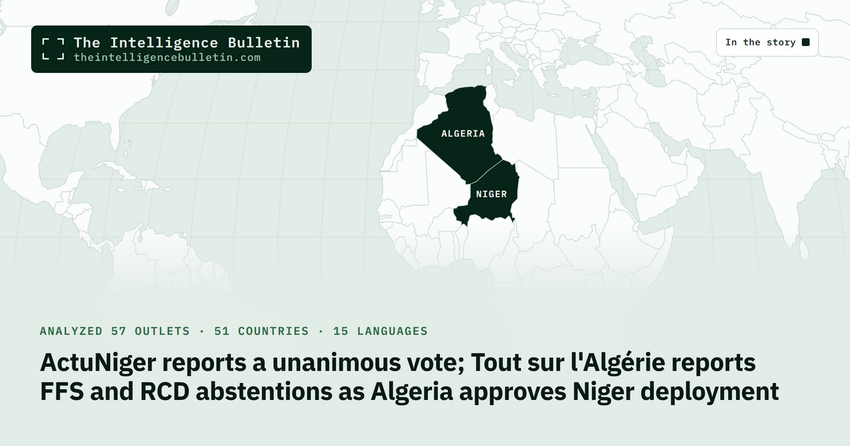 Map of the countries in the story: ActuNiger reports a unanimous vote; Tout sur l'Algérie reports FFS and RCD abstentions as Algeria approves Niger deployment