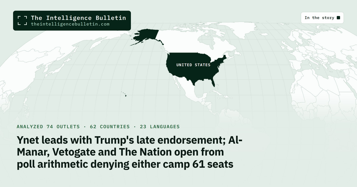 Map of the countries in the story: Ynet leads with Trump's late endorsement; Al-Manar, Vetogate and The Nation open from poll arithmetic denying either camp 61 seats