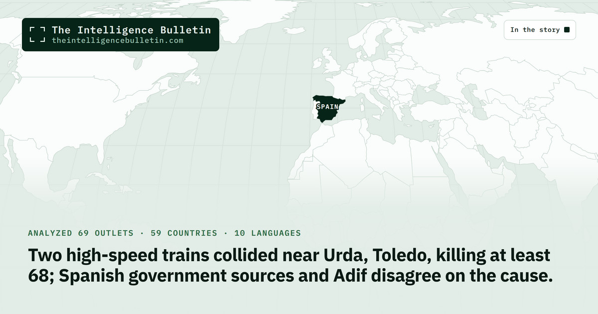Map of the countries in the story: Two high-speed trains collided near Urda, Toledo, killing at least 68; Spanish government sources and Adif disagree on the cause.