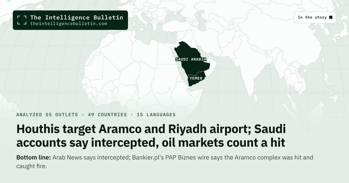 Map of the countries in the story: Houthis target Aramco and Riyadh airport; Saudi accounts say intercepted, oil markets count a hit