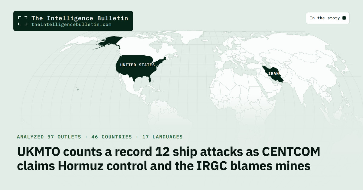 Map of the countries in the story: UKMTO counts a record 12 ship attacks as CENTCOM claims Hormuz control and the IRGC blames mines