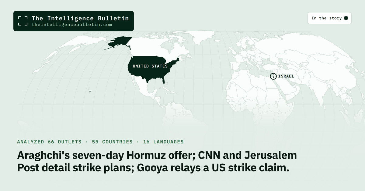 Map of the countries in the story: Araghchi's seven-day Hormuz offer; CNN and Jerusalem Post detail strike plans; Gooya relays a US strike claim.