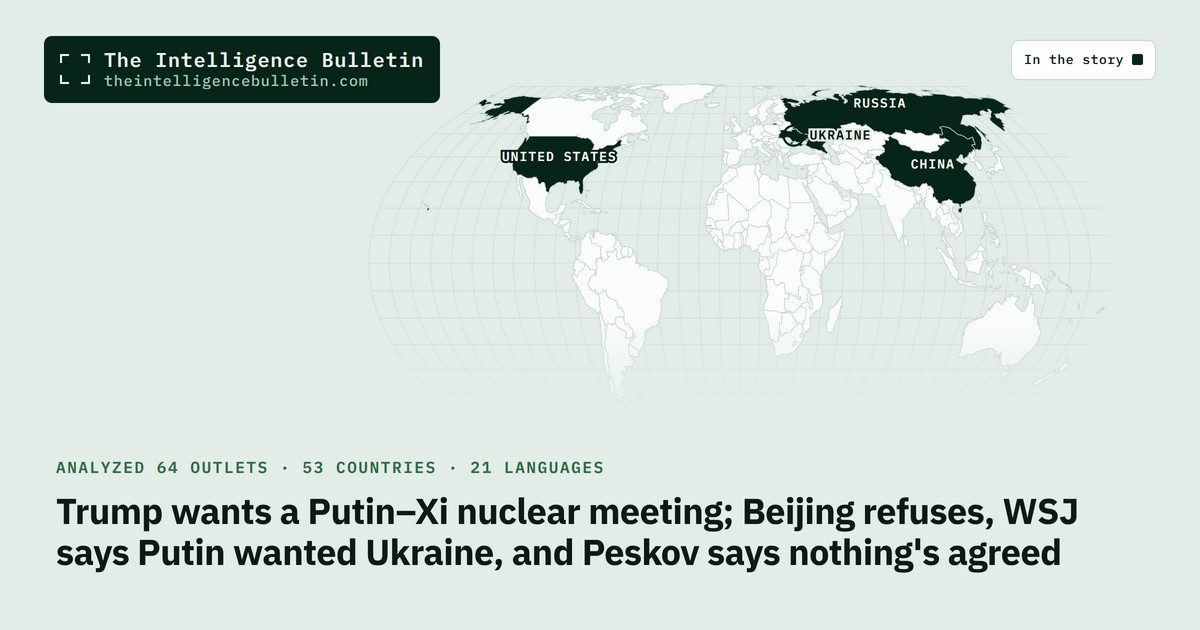 Map of the countries in the story: Trump wants a Putin–Xi nuclear meeting; Beijing refuses, WSJ says Putin wanted Ukraine, and Peskov says nothing's agreed