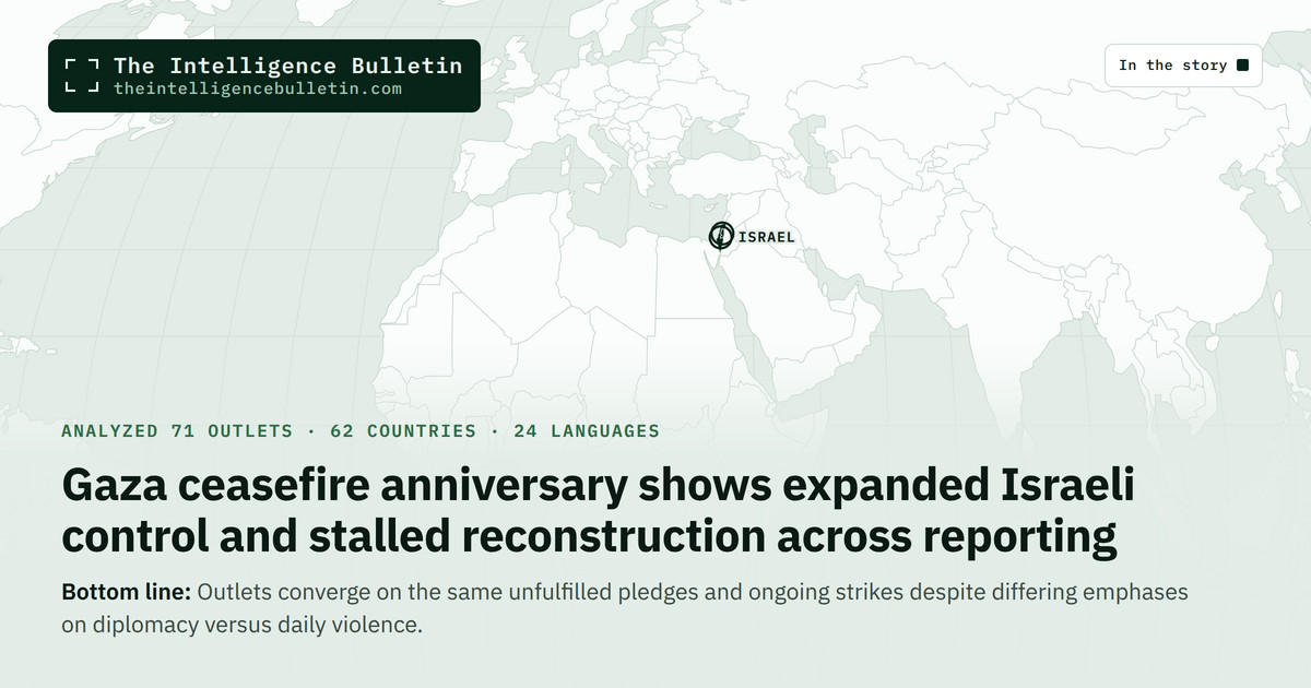 Map of the countries in the story: Gaza ceasefire anniversary shows expanded Israeli control and stalled reconstruction across reporting