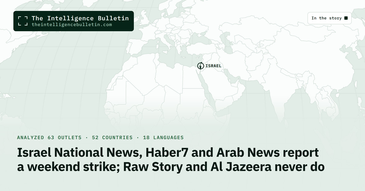 Map of the countries in the story: Israel National News, Haber7 and Arab News report a weekend strike; Raw Story and Al Jazeera never do