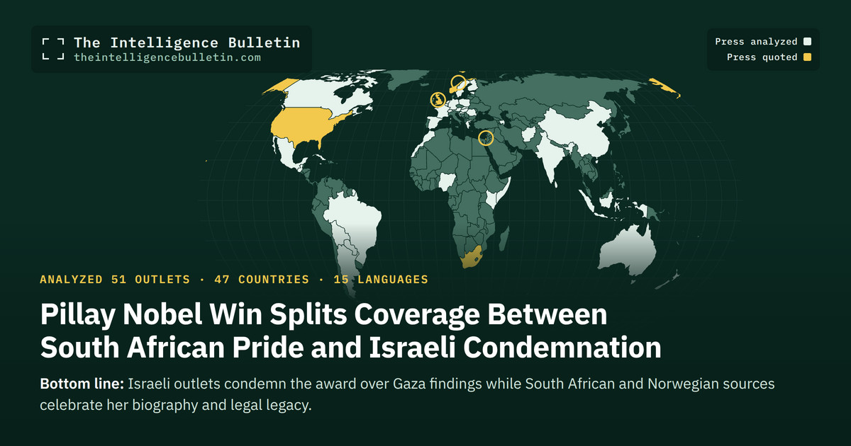 Map of the countries whose press we analyzed for: Pillay Nobel Win Splits Coverage Between South African Pride and Israeli Condemnation